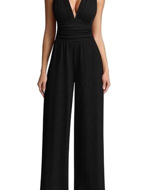Ladies Black Wide-Leg Jumpsuit with Plunge V-Neck Size Small